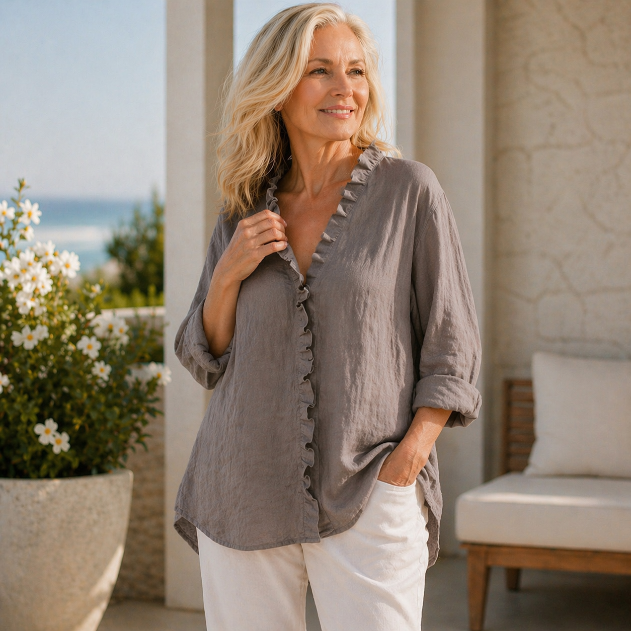 Sanela | Cotton & Linen Ruffle Shirt