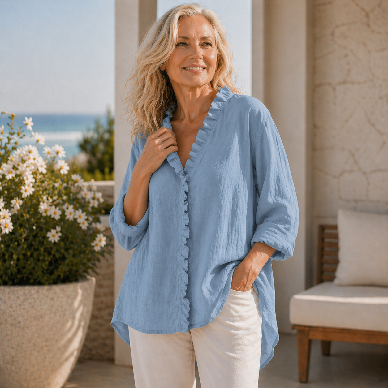 Sanela | Cotton & Linen Ruffle Shirt