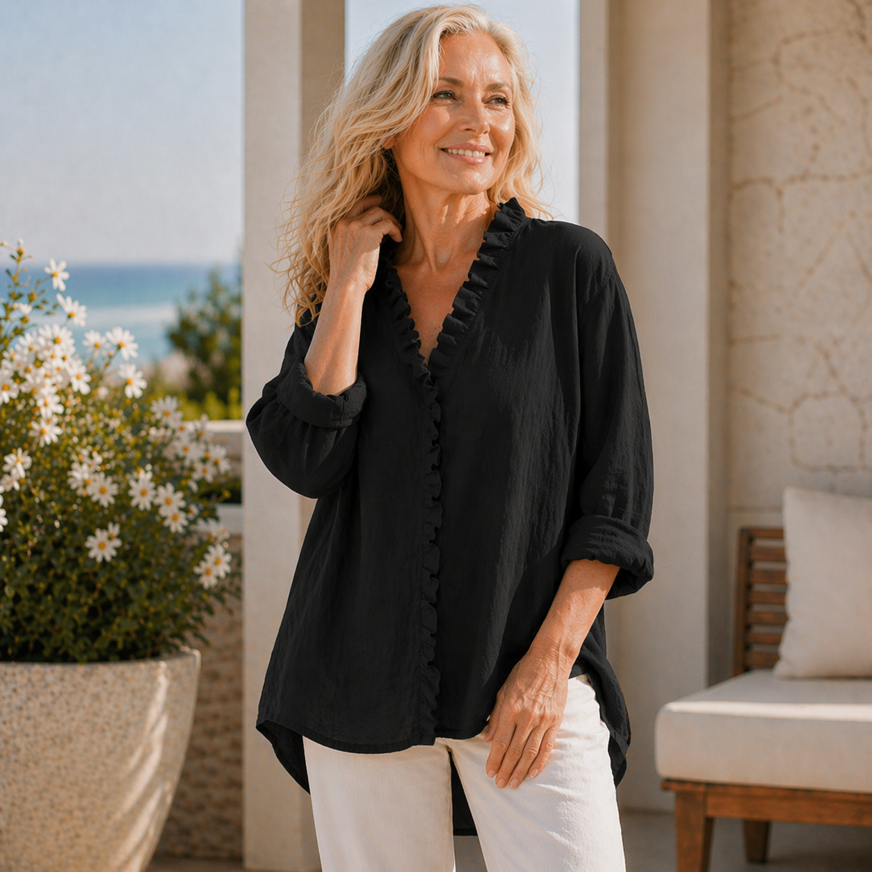 Sanela | Cotton & Linen Ruffle Shirt