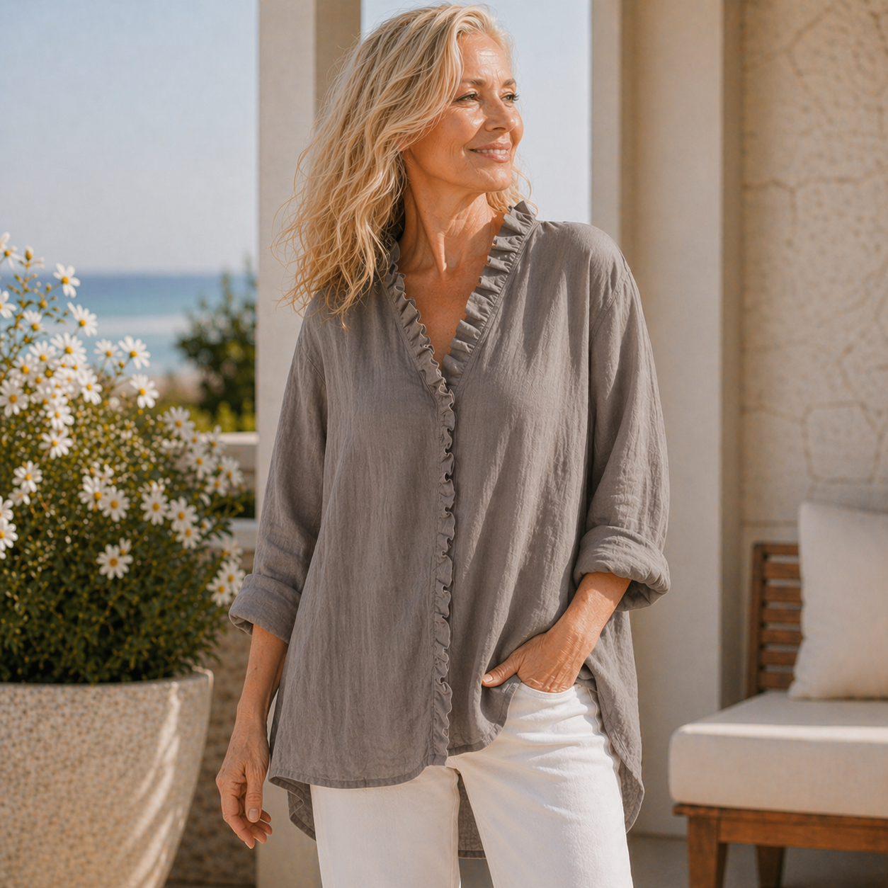 Sanela | Cotton & Linen Ruffle Shirt