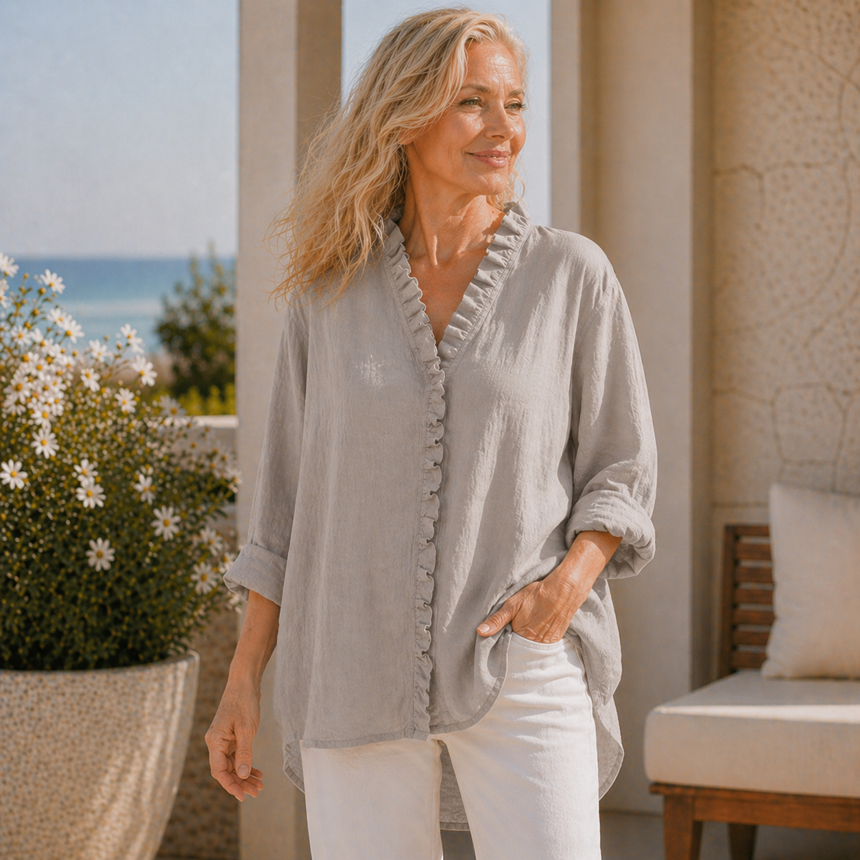 Sanela | Cotton & Linen Ruffle Shirt